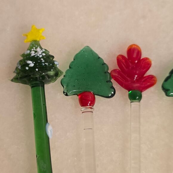 Vintage Stirrers Christmas Hand Made Glass Cocktail Drink Swizzle Set of 8 - Picture 4 of 8
